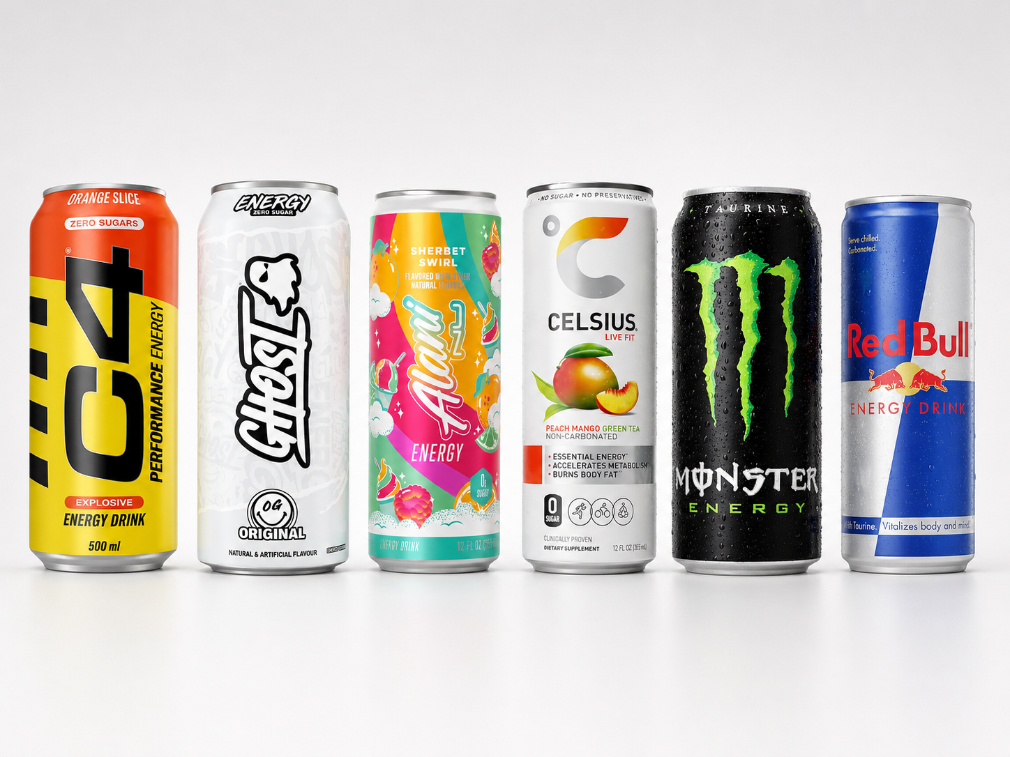 Energy drink cans from major category players shown as competitive context