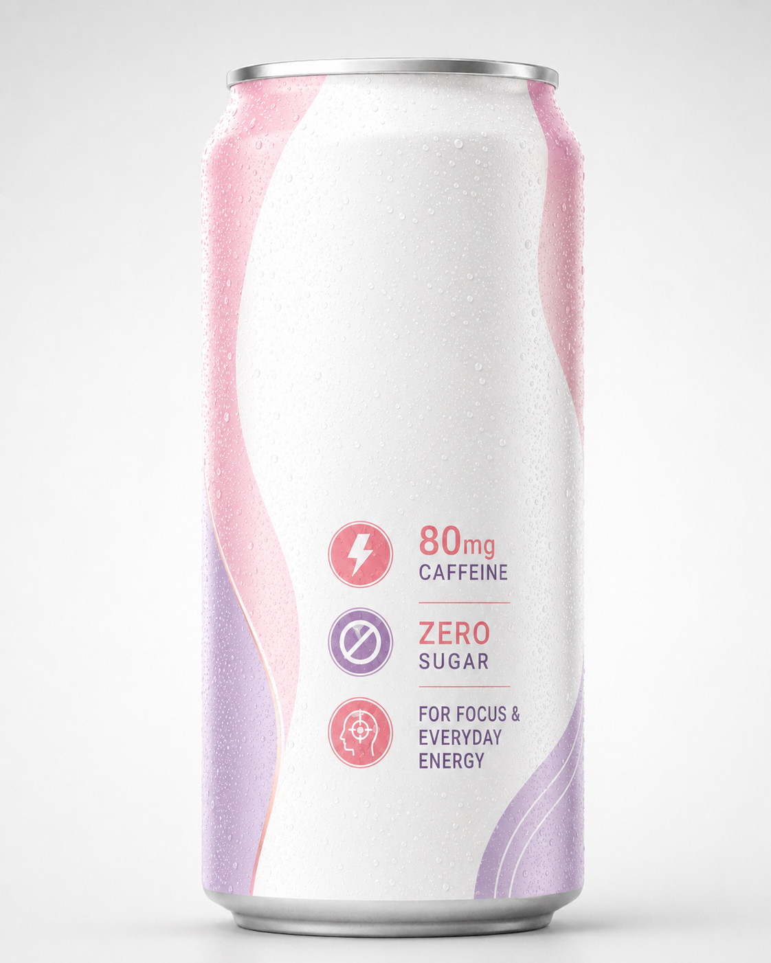 Close-up of a clean energy drink can showing 80mg caffeine, zero sugar and everyday energy cues