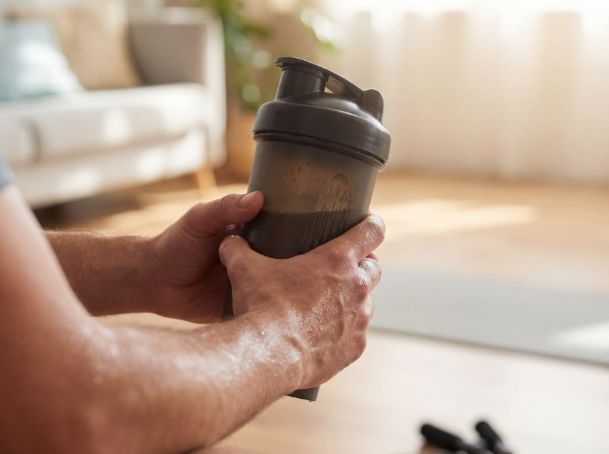 Protein powder being poured into a shaker bottle